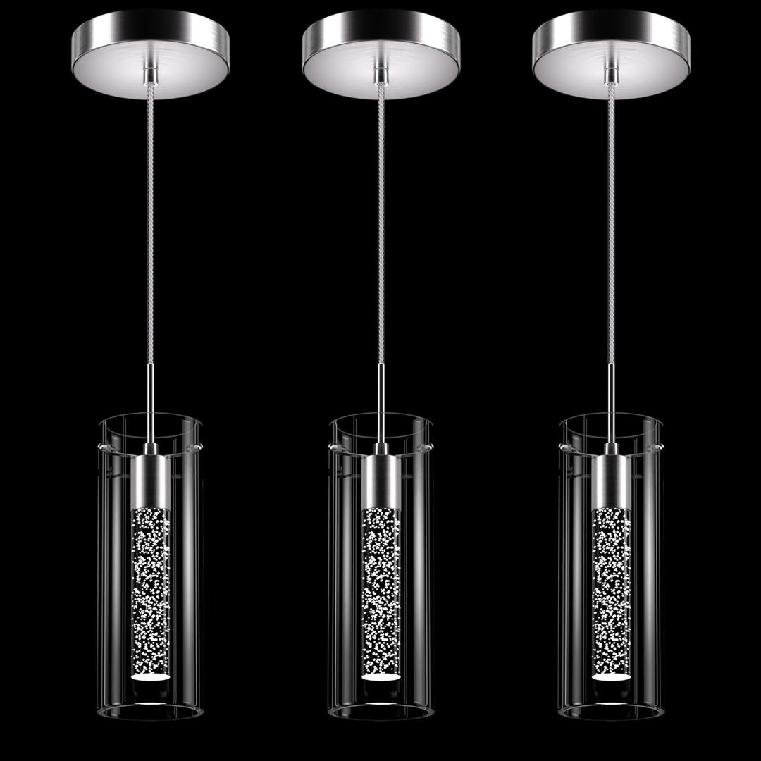Pendant Ceiling Light Fixture, LED Kitchen Lighting Crystal Pendant Lights Kitchen Island, 1-Light Integrated Kitchen Hanging Light Fixture Modern Island Light with Bubble Glass Three Pack (Nickel-Cold)