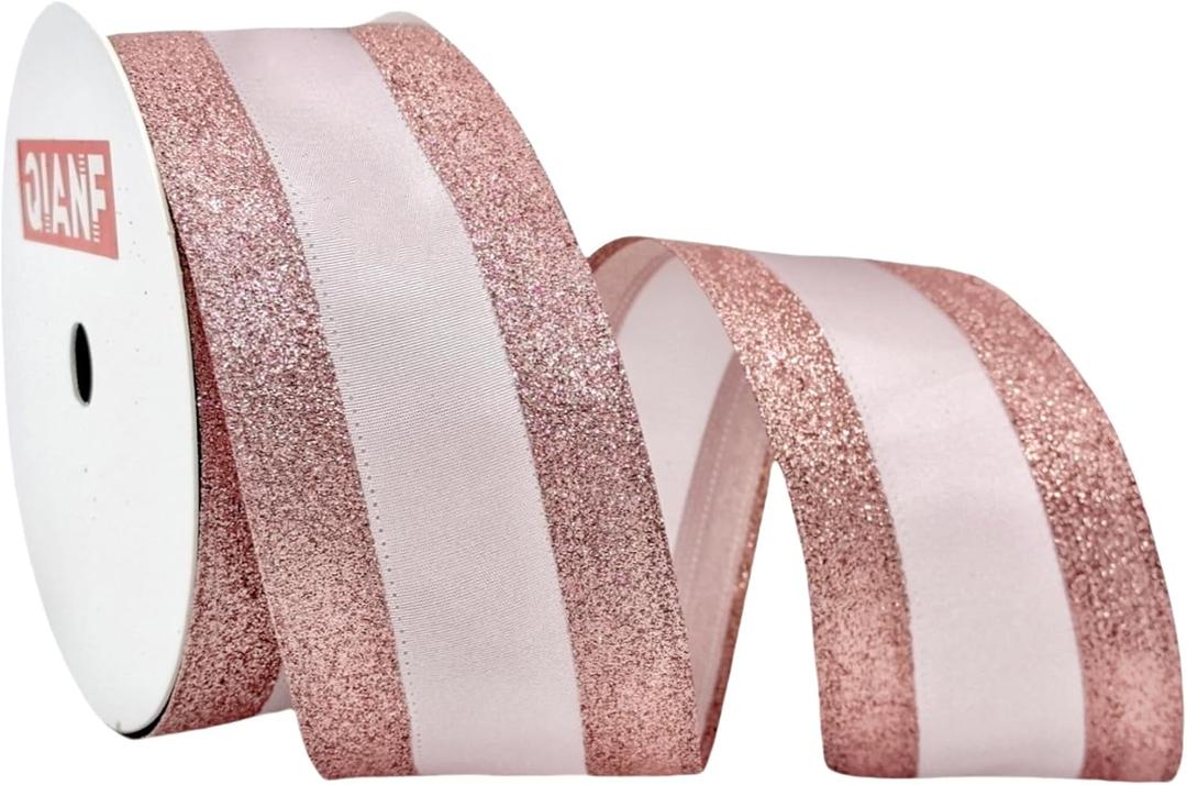 Rose Gold Wired Ribbon Satin with Glitter Edge, 2.5 Inch x 10 Yards Rose Gold Christmas Ribbon for Tree Decoration Garland Wreath Bow Making Gift Wrapping Home Decor