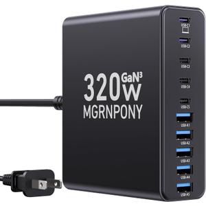 320W USB C Charger Block, 10-Port USB C Charging Station GaN III PD 65W PC Laptop Fast Charger Adapter for MacBook Pro/Air, DELL, iPad, iPhone, Samsung Galaxy Black
