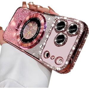 Changjia Magnetic Kickstand Glitter Case for iPhone 17 Pro Max, [Compatible with Magsafe] Cute Bling Sparkly Diamond Rhinestones with Camera Protector Women Girls Case for iPhone 17 Pro Max 6.9", Pink