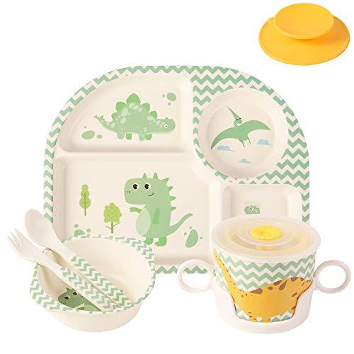 shopwithgreen 7Pcs/Set Bamboo Kids Dinnerware Set - Children Dishes - Food Plate Bowl Cup Spoon Fork Set Dishware, Cartoon Tableware, Dishwasher Safe Kids Healthy Mealtime, BPA Free