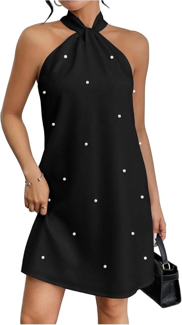 Floerns Women's Pearl Beaded Halter Twist Sleeveless Tie Back Dress A Line Dress Large