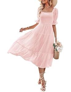 MEROKEETY Women's Summer Square Neck Puff Sleeve Boho Midi Dress Swiss Dot Ruffle Flowy Tie Back Dress (Large, Pink)