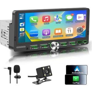 Single Din Touchscreen Radio with Wireless Apple CarPlay & Android Auto, 6.9" IPS Car Stereo with Bluetooth, Mirror Link, FM/AM,EQ, USB/Type-C, SWC, HD Backup Camera, Microphone for Car Audio Upgrade