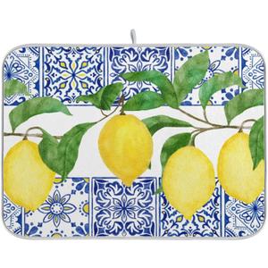 Lemon Blue Tiles Dish Drying Mat for Kitchen Counter Absorbent Microfiber Drying Pad, Medium 16x18 in, Reversible Drainer Mats
