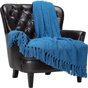 Chanasya Premium Textured Knit Throw Blanket with Tassels - Soft, Cozy Blanket for Couch, Bed, Living Room - 50" x 65 - Blue