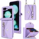 Cavor for Samsung Galaxy Z Flip 5 Case Wallet with Wrist Crossbody Strap Lanyard Card Holder Stand Shoulder Slot,Z Flip 5 Phone Case Cute,Anti-Drop,Leather Zipper Pocket Shockproof Case-Purple