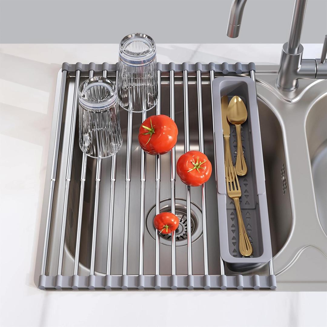 Roll Up Dish Drying Rack, Expandable 304 Stainless Steel Portable Drainer for Kitchen Sink Counter, Foldable Over The Sink Cover with Removable Utensil Holder(12.8"-23.3") (Gray)