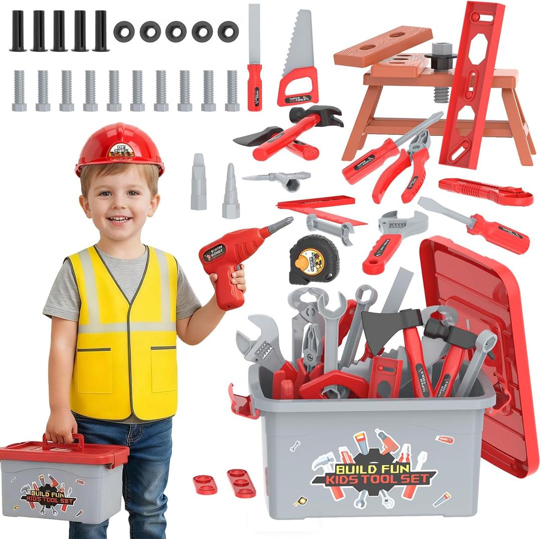 58-Piece Kids Tool Set with Realistic Power Toy Drill & Tool Box & DIY Stickers, Kids Construction Kits, STEM Pretend Play Boy Toys, for Toddlers Boy Ages 3-8