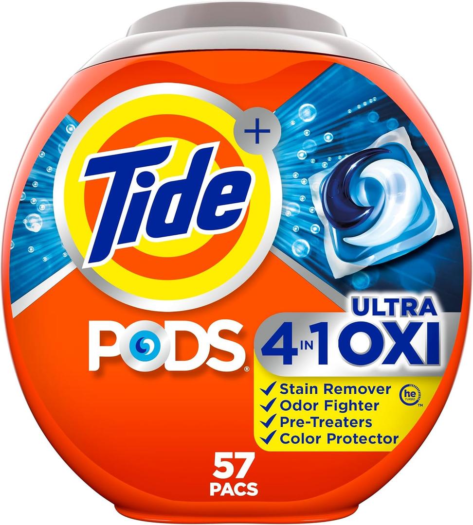 Tide 4-n-1 Ultra Oxi PODS Laundry Detergent Pacs, 57 Count, HE Compatible, Built in Pre-treater for Stains