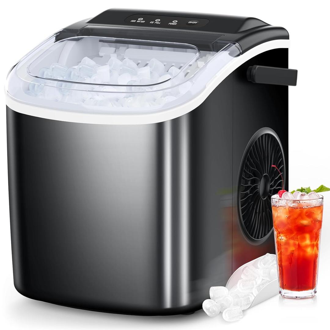 Ice Maker Countertop, Portable Ice Machine with Self-Cleaning, 26.5lbs/24Hrs, 9 Bullet Ice Cubes in 6 Mins, Ice Basket and Scoop, Ideal for Home, Kitchen, Bar, Camping (Black)