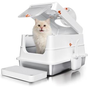 Stainless Steel Cat Litter Box with Lid, Extra Large Enclosed Metal Litter Pan with High Sides, Full Flip Cover Litter Box for Large Cat, Include Scoop & Step, Leak Proof Easy Clean Odor Control,White