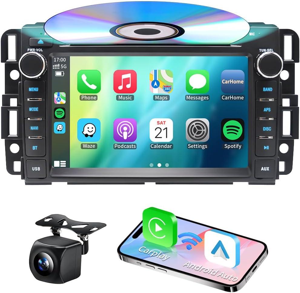 Car Radio Stereo for Chevrolet Impala GMC Sierra Acadia Yukon Chevy Silverado Tahoe Suburban 2007-2013 with Wireless Carplay Android Auto Navi 7inch Touchscreen Bluetooth CD DVD Player