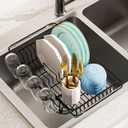 AIDERLY Dish Drying Rack in Sink Expandable Stainless Steel Kitchen Dish Drainer with 4 Cup Holders, Black