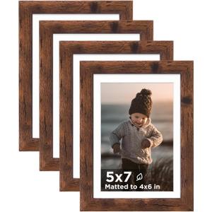 KINLINK 5x7 Picture Frame Rustic Brown Set of 4, Wooden Photo Frames Matted 4x6 with Plexiglass for 4x6 with Mat or 5x7 without Mat for Table and Wall Display