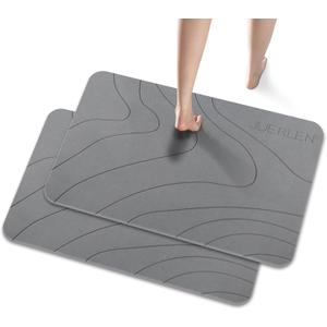 JUERLEN 2 Pack Diatomaceous Earth Shower Mat, Stone Bath Mat, Nonslip Super Absorbent Fast-Drying Hard Bath Mat for Bathroom Shower Floor, 32 x 20 inch, Grey Wave Design
