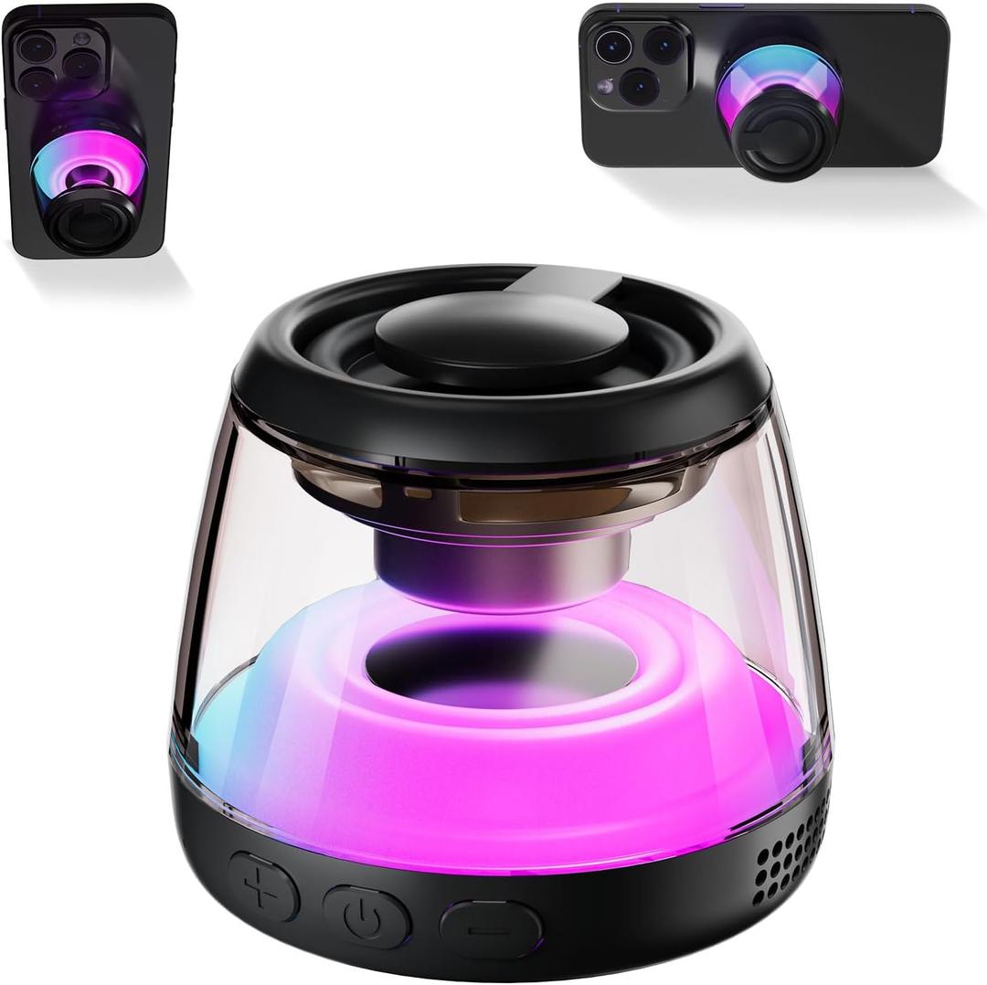 Magnetic Bluetooth Speaker, Wireless Induction Bluetooth Speaker, Mini Portable Cell Phone Stand for iPhone, Lanyard & RGB Night Light, or Home, Outdoors, Pool, Gift (Black-1PCS)