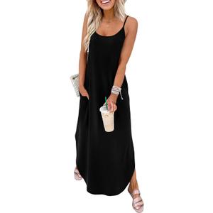 WIHOLL Women's Maxi Dresses for Women Casual Long Summer Sun Dresses 2026 Spaghetti Strap Hawaiian Vacation Outfits for Women (Plain Black), Size XL