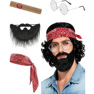 4pc Halloween Men Costume Kit Bandana Glasses Beard Mustaches Accessory