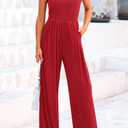 PRETTYGARDEN Womens Summer Jumpsuits Dressy Casual One Piece Outfits Sleeveless Mock Neck Wide Leg Pants Rompers with Pockets (Red, M)