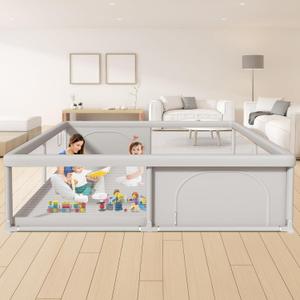 79x79 Inch Baby Playpen for Babies and Toddlers, Extra Large Play Yards for Indoor & Outdoor with Zipper Gates, Breathable Mesh with Anti-Slip Base (Grey)