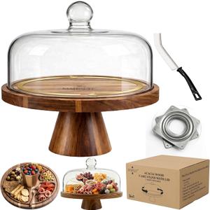 Glass Cake Stand with Lid, 11.8 Inch Dome, Rotating Acacia Wood Base