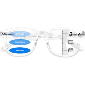 FONHCOO Progressive Multifocal Reading Glasses for Women Men, Anti Blue Light Computer Readers with Spring Hinges (Clear)