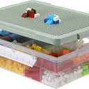OGANAZI Plastic Organizer Bins for Blocks, Blocks Storage Container with Baseplate Lid Removable Tray, Stackable Double Layer 30 Slots Clear Storage Box Organizer for Bricks, Crafts, Beads(Green)