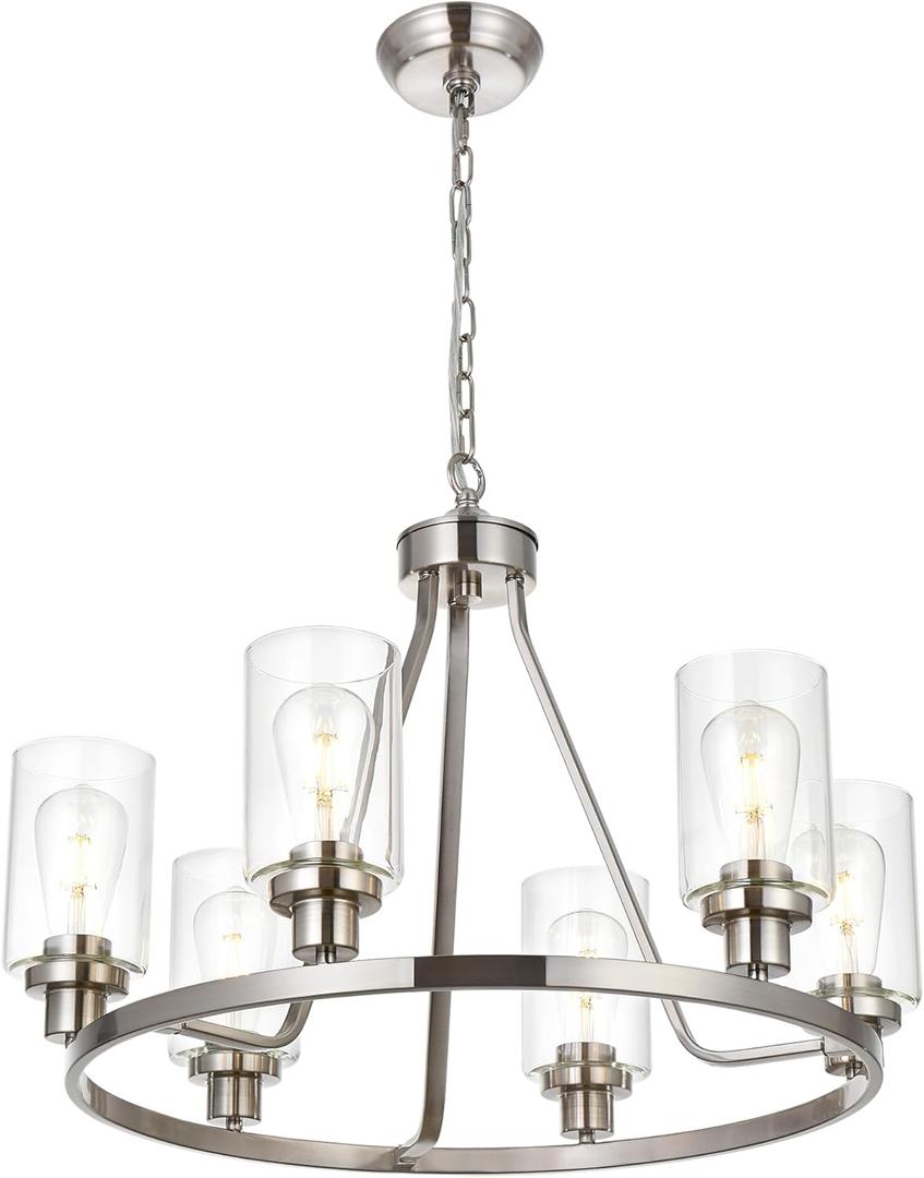 MELUCEE 6 Lights Round Chandelier Brushed Nickel Island Lighting Dining Room Lighting Fixtures Hanging Glass Pendant Light for Kitchen Living Room Bedroom (6 Heads Brushed Nickel)