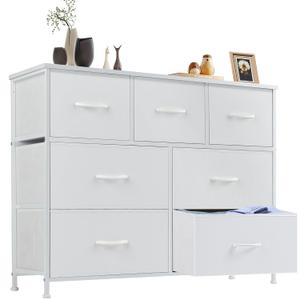 Dresser for Bedroom with 7 Drawers, Anti-Tip Fabric Storage Tower | Organizer Unit with Wood Top and Metal Frame, Organizer for Clothes, Closet, Entryway, Furniture, White