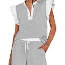 Tankaneo Womens 2 Piece Lounge Sets Summer Outfits V Neck Ruffle Cap Sleeve Tops and Shorts Vacation Matching Set (Large, Grey)