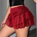RoseSeek Women's Y2K Sequin Mesh Ruffle Layered Skirts Drop Waist Glitter Ruched Mini Skirt Concert Outfits (Red, L)