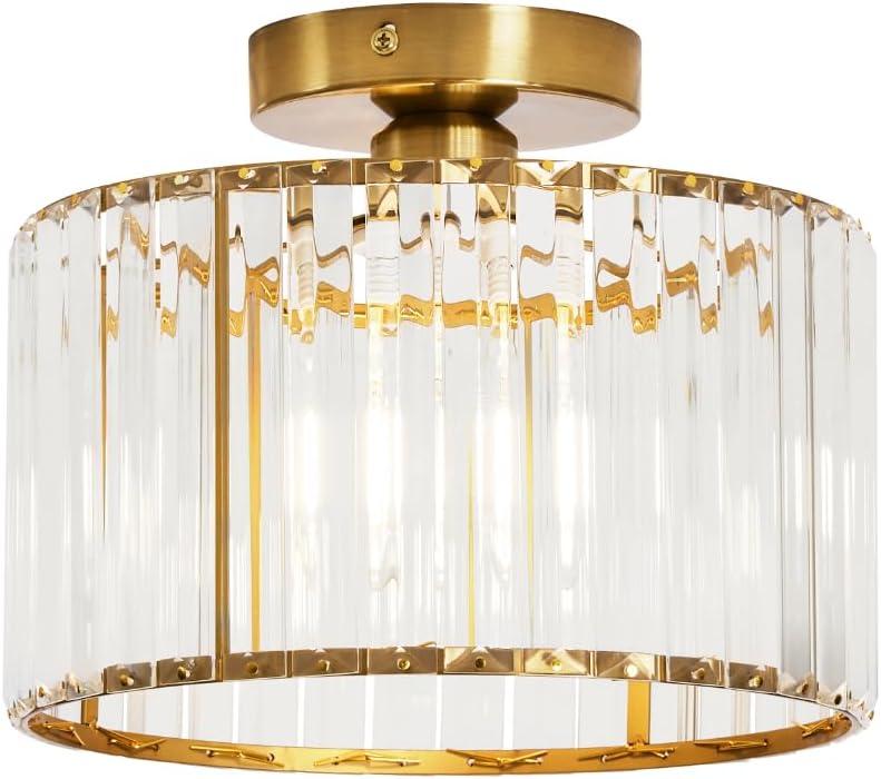 10.24'' Mini Semi Flush Mount Ceiling Light, Modern Gold Crystal Ceiling Light Fixture for Dining Room, Bedroom, Cafe, Bar, Corridor, Hallway, Entryway