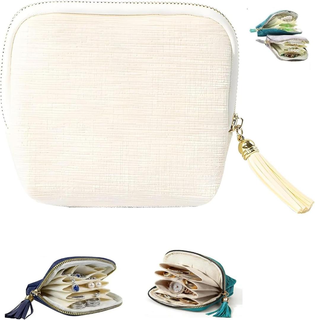 Travel Jewelry Case, Small High-End Large-Capacity Tassel Storage Bag Gifts for Women, Pouch Bags with Zipper, Velvet Jewelry Organizer Storage Bag for Bracelet Rings Earring (Off-White)