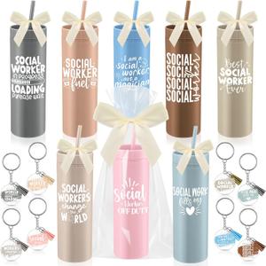 Honeydak 8 Pcs Social Worker Appreciation Week Gifts 16oz Plastic Cups with Lids and Straws Keychains Bow OPP Packaging Bag Social Worker Graduation Gifts Thank You for Team Staff(Dark,Coffee)