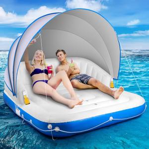 Floating Island with Canopy, Heavy Duty Inflatable Water Lounger Raft with 2 Cup Holders for Adults Lake Pool (Navy)