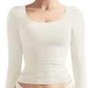 SUUKSESS Women Double Lined Fitted Basic T Shirts Scoop Neck Long Sleeve Crop Top (Large)