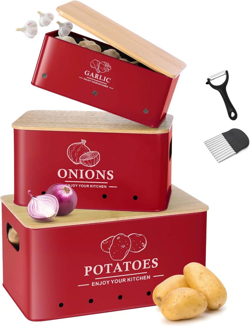 Kitchen Vegetable Storage Set of 3, Metal Onion Garlic Potato Storage Set, Kitchen Canisters Vegetable Keeper Containers with Aerating Holes and Wooden Lid (Red)