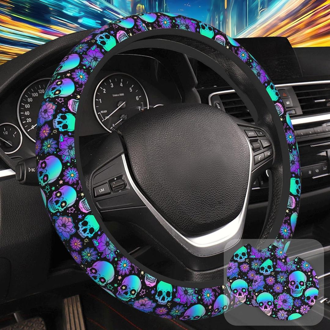 Neon Skull and Flower Steering Wheel Cover with 2 Pcs Car Coasters Neoprene Steering Wheel Cover for Women Men Anti-Slip Breathable Car Accessories Universal 15 Inch Fit Auto Cars Trucks
