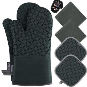 KEGOUU Oven Mitts and Pot Holders 6pcs Set, Kitchen Oven Glove High Heat Resistant 500 Degree Extra Long Oven Mitts and Potholder with Non-Slip Silicone Surface for Cooking (Deep Green)