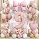 Light Pink 9 Balloon Number, Dusty Baby Pink Gold Sand White Latex Balloons 40 Inch 9th Birthday Decorations Balloons Bow Heart Foil Balloon for Girls Boho 9 Year Old Birthday Anniversary Party Decor