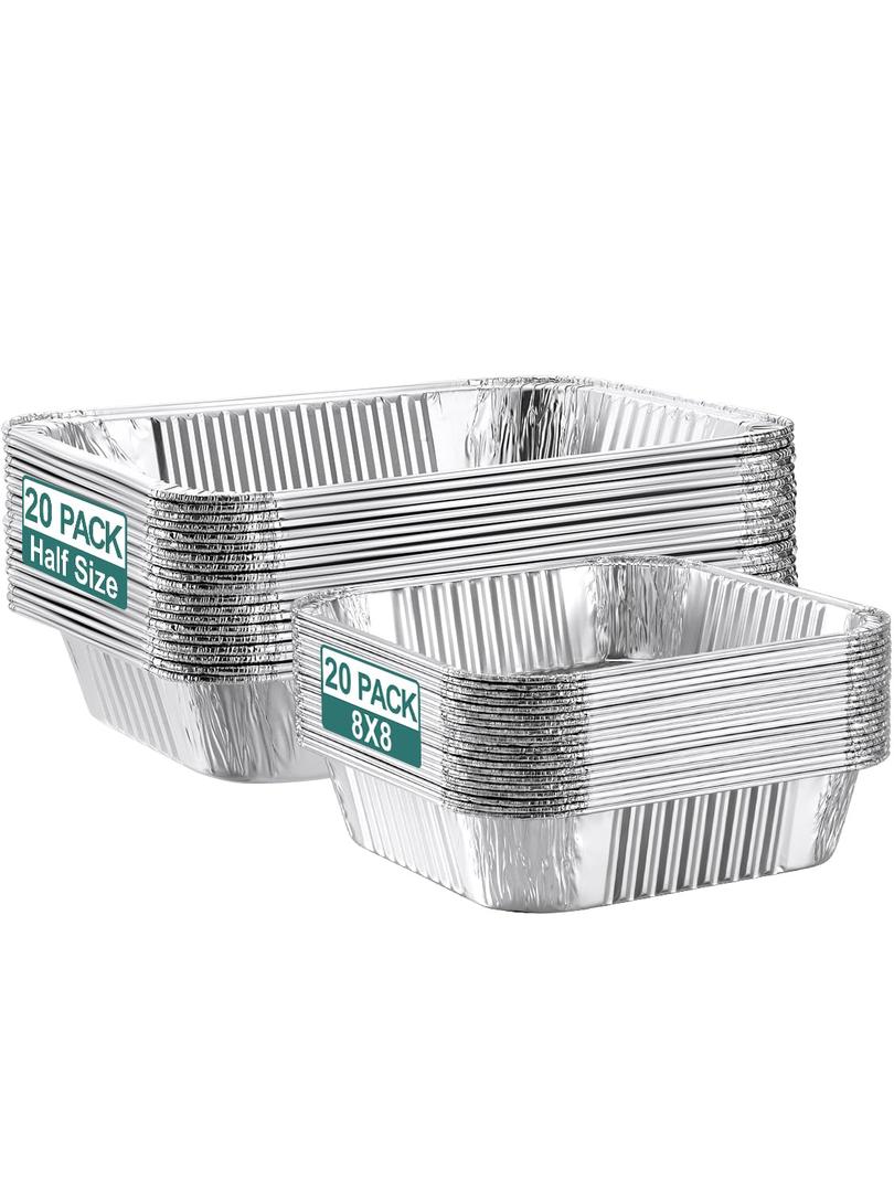 NEEBAKE 40 Pack Disposable Aluminum Foil Pans Assorted Sizes - 20 Large 10.25x12 Half Size Aluminum Pans & 20 Small 8x8 Tin Foil Baking Pans, Tin Trays Containers for Meal Prep, Food Cooking, Roasting