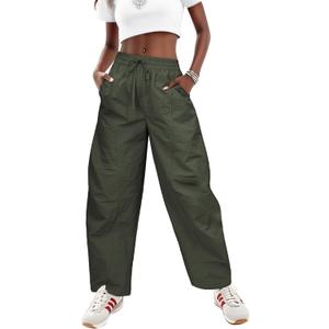 LOOKBOHO Women's Summer Cargo Pants 2026 High Waist Loose Barrel Parachute Drawstring Lightweight Hiking Raver Trousers, Large