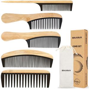 5 Pcs Handmade Bamboo Anti-Static Comb Set for Women and Men - Wide Tooth, Rat Tail, and Fine Tooth Combs for Long, Short, Thick, Thin, Wavy, and Curly Hair Detangling (Natural + Black)