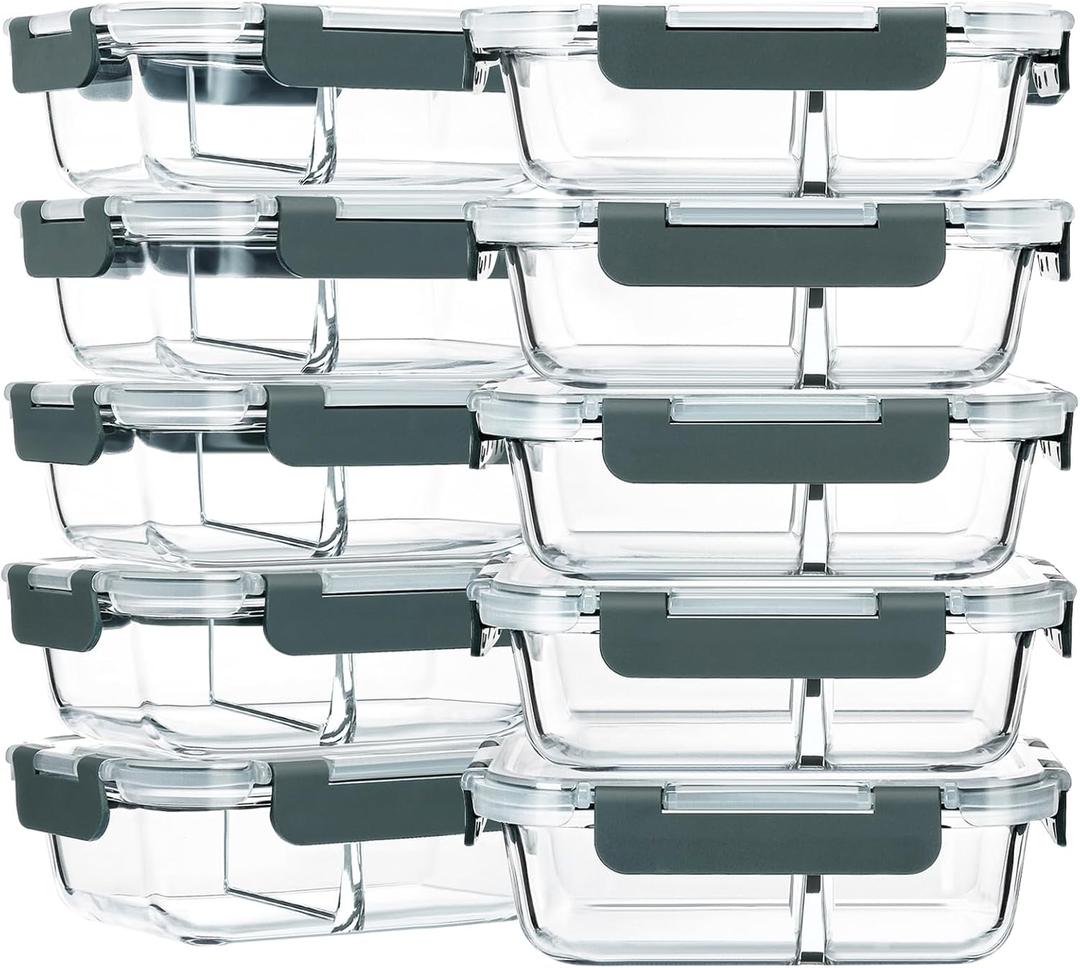 M MCIRCO 10-Pack,30 Oz Glass Meal Prep Containers 2 Compartments Airtight Lunch Bento Boxes with Lids, Glass Food Storage Containers, Microwave, Oven, Freezer and Dishwasher