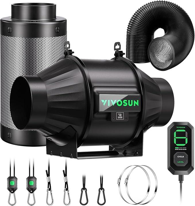 VIVOSUN S4 Air Filtration Kit, Inline Fan, Controller, Carbon Filter, Duct
