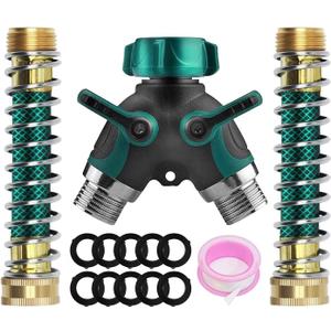 Water Splitter 2 Way Heavy Duty, 3/4" Garden Hose Splitter Y Way Connector 2 Valves Rubberized Grip with 2 Kink Free Faucet Extension Hose Protector 10 Rubber Washers