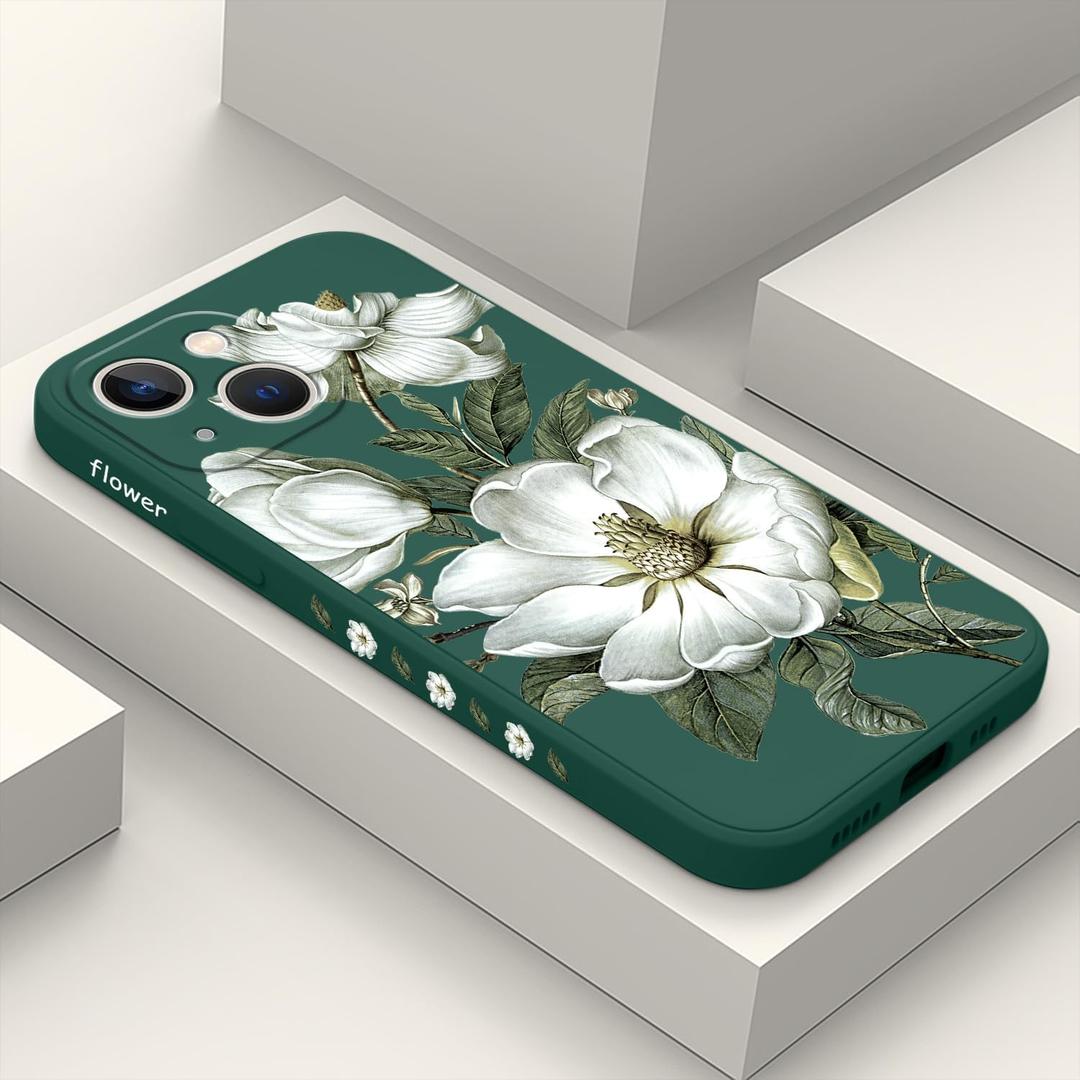 for iPhone 13 Mini Case Fashion Flower Pattern Slim Liquid Silicone Dropproof for iPhone 13 Mini Phone Cover 5.4 inch-Cotton Green