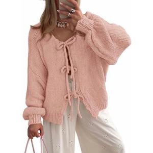 Women's Tie Front Bow Cardigan Sweaters Chunky Knit Long Puff Sleeve Trendy Fall Winter Jacket Coats, XL, Pink