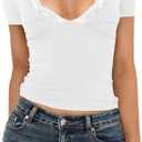 Women's Short Sleeve Sexy Lace V-Neck Summer Going Out 2025 Crop Tops Slim Fit Tees Trendy Y2k Clothing (Large, White)